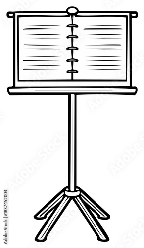 Simple cartoon illustration of a music stand holding an open spiral bound book of sheet music