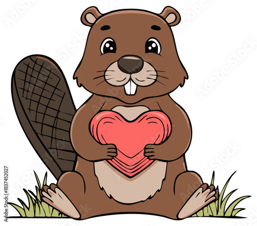 Adorable cartoon beaver character sitting happily and holding a romantic red heart symbolizing love