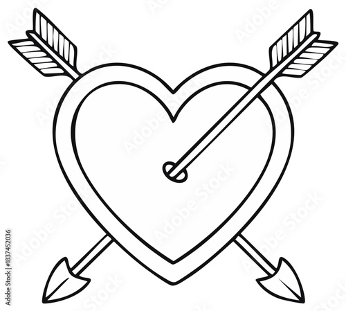 Simple black and white outline illustration of a heart pierced by two arrows