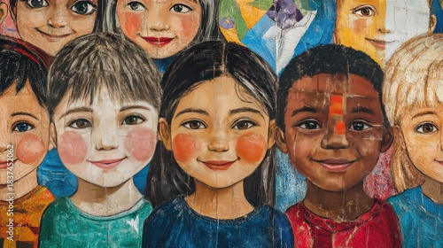 Smiling children from different ethnic backgrounds come together to create a colorful display of diversity and inclusion. AI Generative
