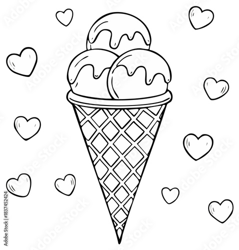 Delicious ice cream cone with three scoops and hearts floating around it, perfect for coloring books or cute designs