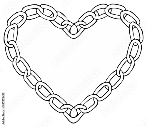 Hand drawn illustration of a metal chain in the shape of a heart, black and white line art