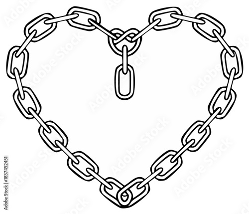 Hand drawn heart shape made of a metal chain vector line art illustration