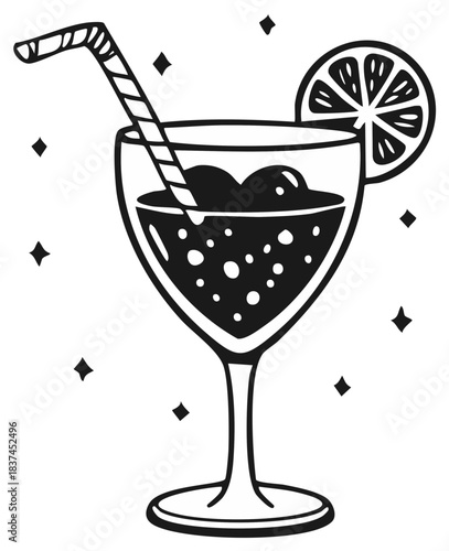 Refreshing Party Cocktail with Citrus Garnish and Bubbles Line Art Illustration