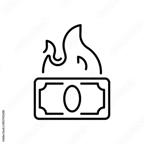Money burning vector icon. editable line icon in outline style for cash, finance, fire