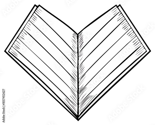 Heart-shaped open book outline illustration. Conceptual love, reading or learning concept.