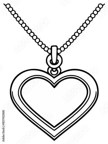 Black and white line art illustration of a heart pendant necklace
