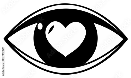 Simple Black and White Eye Icon with Heart Pupil Symbolizing Love and Affection