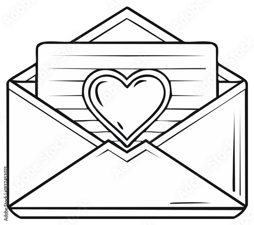 Open envelope with heart shaped paper inside, hand drawn illustration