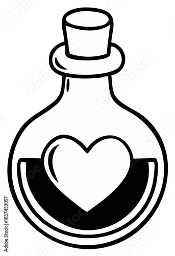 Magic love potion bottle with a heart symbol simple black and white line art