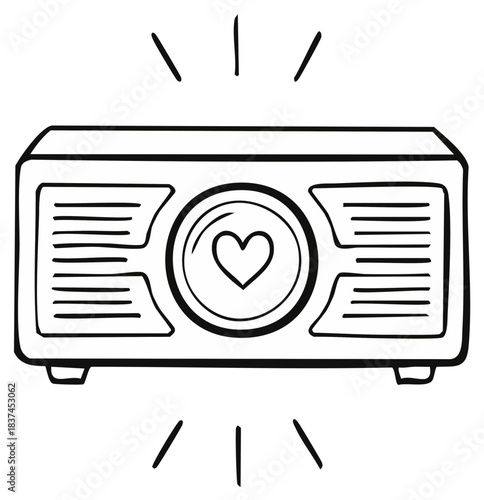 Line art love movie projector illustration with heart symbol for films