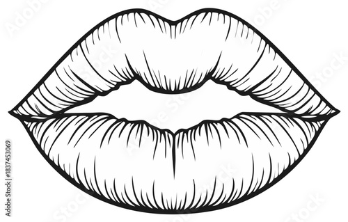 Black and white drawing of expressive human lips with subtle lines indicating texture and shape