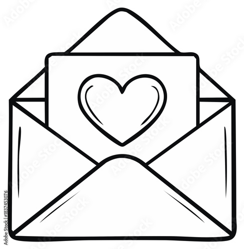 Hand drawn open envelope with a romantic heart card inside, a simple line art love letter illustration.