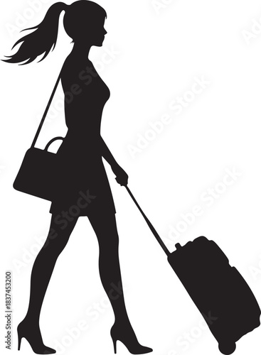 Silhouette of a stylish woman walking confidently with a rolling suitcase and shoulder bag, ready for her travel or business journey.