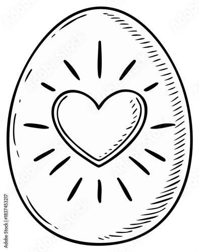 Egg with Heart Sketch Outline, Black and White Egg Illustration with Love Symbol