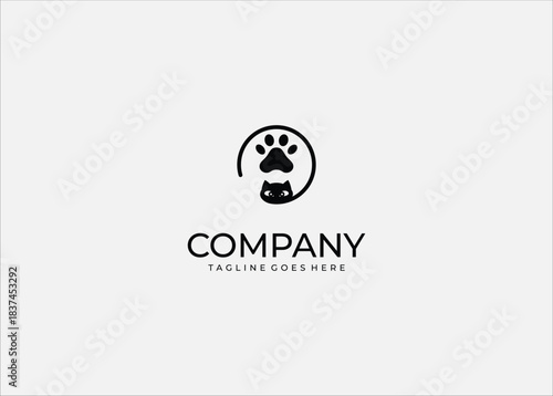 Pet Care Compassion: Adorable Abstract Cat Paw Print Icon Embracing Feline Head Silhouette Symbolizing Animal Welfare and Loving Veterinary Services