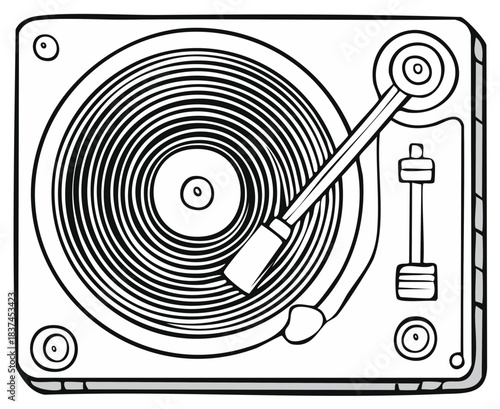 Classic vinyl record player turntable doodle illustration in black and white