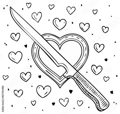 Stylized knife piercing a large heart surrounded by many floating small hearts line art illustration