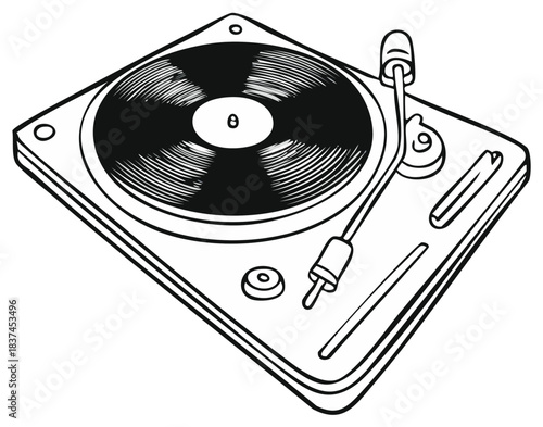 Retro Record Player Vinyl Music Illustration Turntable Sound Equipment Audio Device Stylized Icon