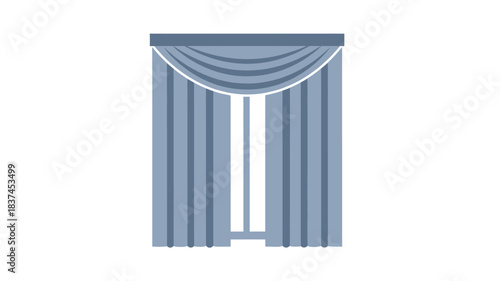 A simple illustration depicts a blue window covering with draped curtains and a tieback