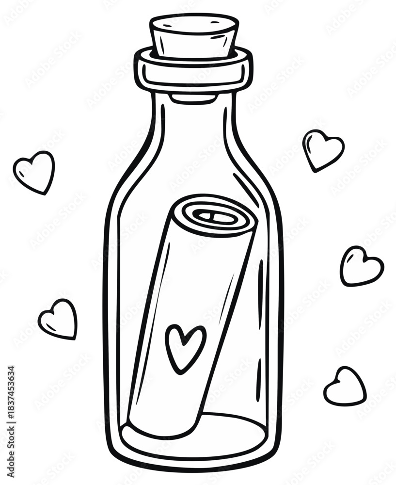 Fototapeta premium Message in a bottle with hearts symbol doodle art