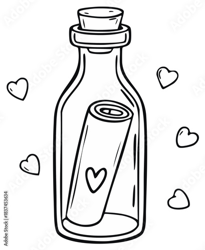 Message in a bottle with hearts symbol doodle art