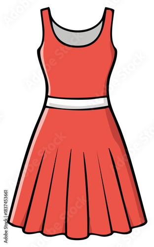 Red dress illustration with white belt, outlined, graphic design