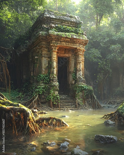 A mysterious ancient temple, overgrown with lush greenery and surrounded by tranquil waters, evokes a sense of wonder and adventure in a serene forest setting.