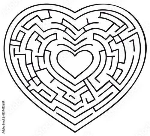 Intricate heart maze puzzle game outline illustration symbolizing love challenge and problem solving