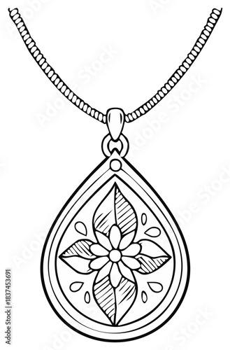 Ornate teardrop pendant necklace with a floral design hand drawn illustration