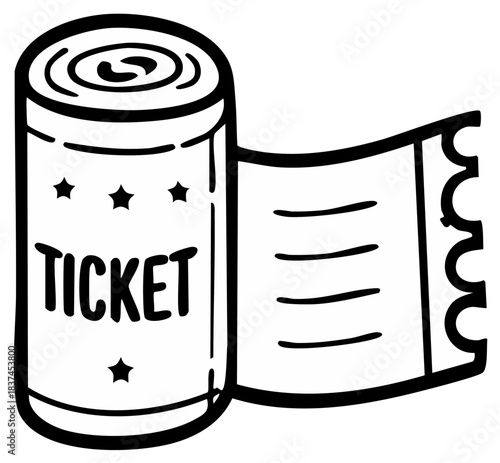 Hand drawn illustration of a roll of tickets with the word Ticket and stars