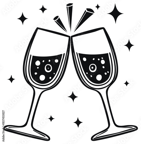 Black and white line art illustration of clinking champagne glasses making a celebratory toast with stars
