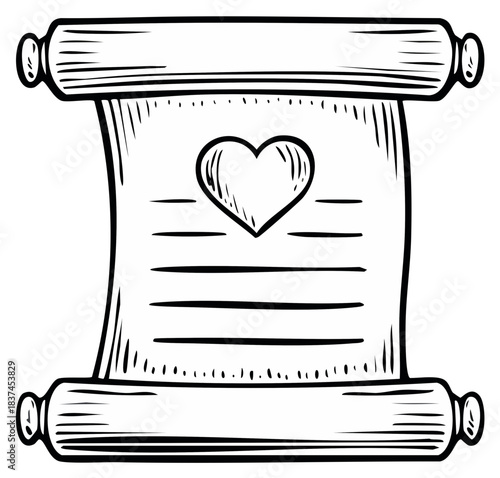 Hand Drawn Scroll with Heart Symbol and Text Lines
