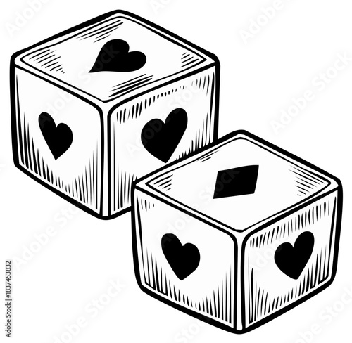 Two hand drawn dice with heart and diamond symbols in a vintage woodcut style for love and gambling