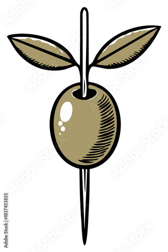 Illustration of a single olive on a toothpick with leaves