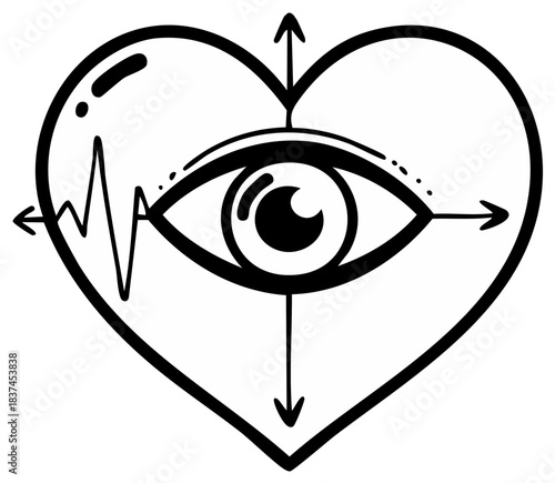 Symbolic heart design with an all seeing eye surrounded by directional arrows and a vital heartbeat line