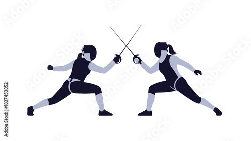 Two female fencers in action poised in a dynamic fencing stance with crossed swords