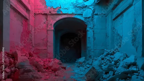 Abandoned Tunnel with Red and Blue Lights and Debris.