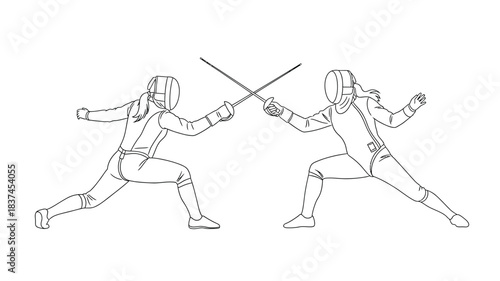 A detailed outline illustration of two fencers engaged in a dynamic fencing match