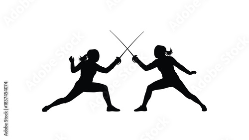 Silhouette of two female fencers engaged in a dynamic fencing match swords crossed