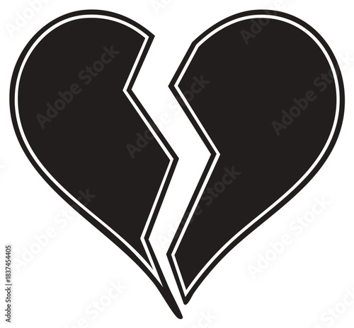 Black and white broken heart icon symbolizing heartbreak and sadness