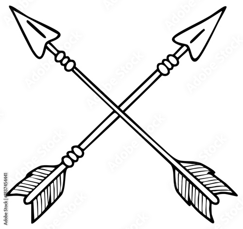 Vintage style crossed arrows black and white line art illustration. A traditional archery weapon symbol.