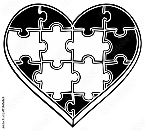 Hand drawn illustration of a heart shaped jigsaw puzzle a symbol of love connection and relationships