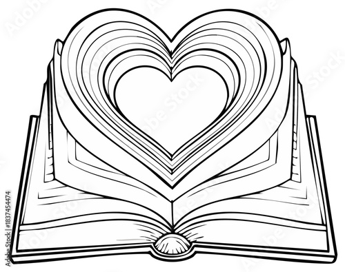 Open book with heart shaped pages illustration for love themes or romantic stories in outline style