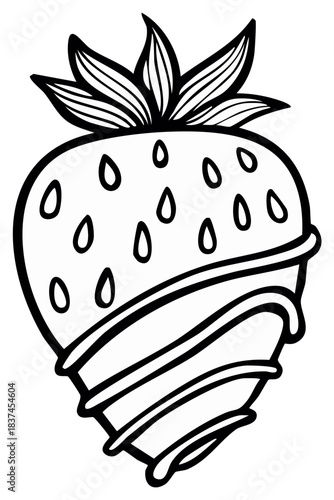 Black and white strawberry illustration dipped in chocolate perfect for coloring pages