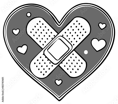 Monochrome heart symbol with crossed band-aids, representing emotional healing, recovery, and mending from heartbreak.