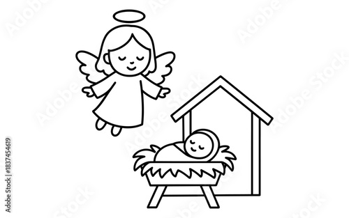 Cute angel and baby in manger: simple black and white christmas icon