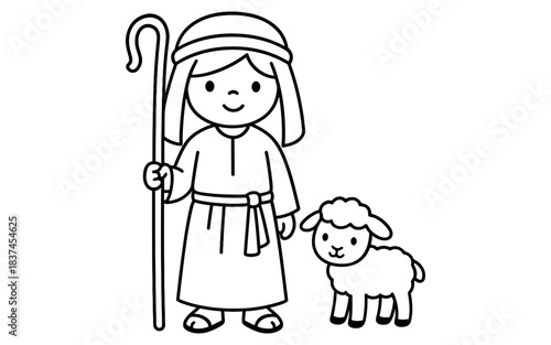 Simple cartoon style shepherd with sheep