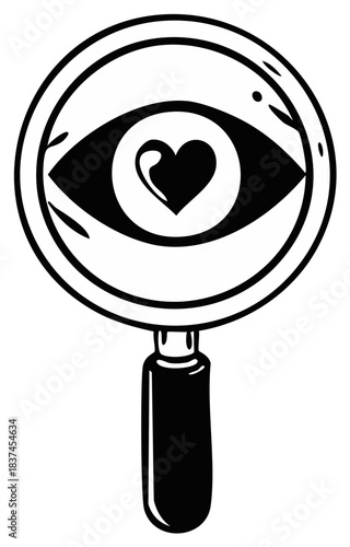 Magnifying Glass Reveals Eye with Heart Inside Creative Black and White Icon