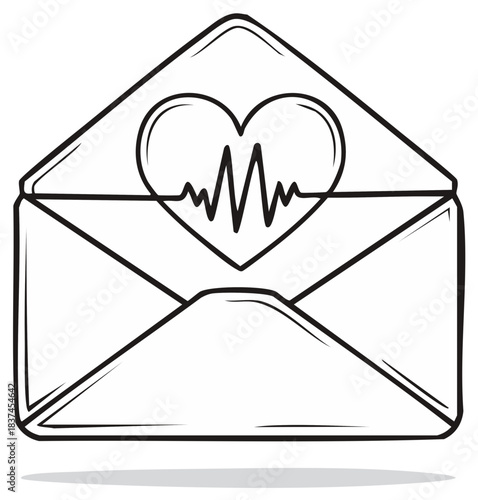 Hand drawn envelope with a heart and EKG heartbeat line illustration